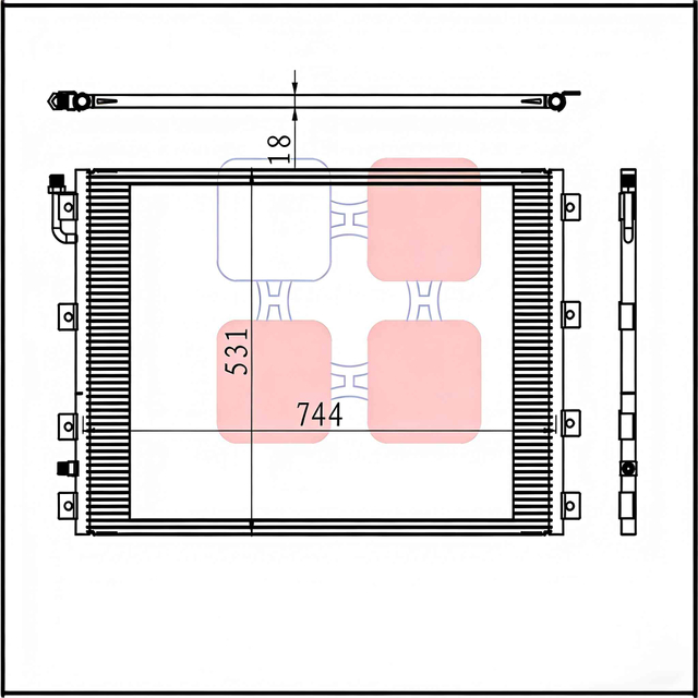 factory drawing of K122125 AC condenser, compatible with Kenworth T800 heavy-duty models