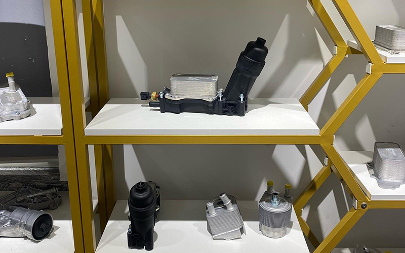 Elecdura full range of engine oil coolers on display rack