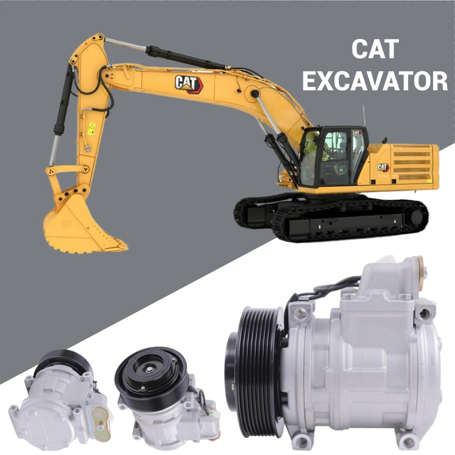 10PA15C AC Compressor 24V for Caterpillar 345B Excavator; PV8 140mm Pulley; Direct Mount; Heavy equipment wholesale part.