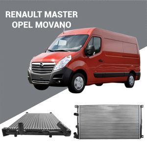 OEM 7701049664 radiator for Opel Movano (1999-2003) and Renault Master (2002-2013) commercial vans.