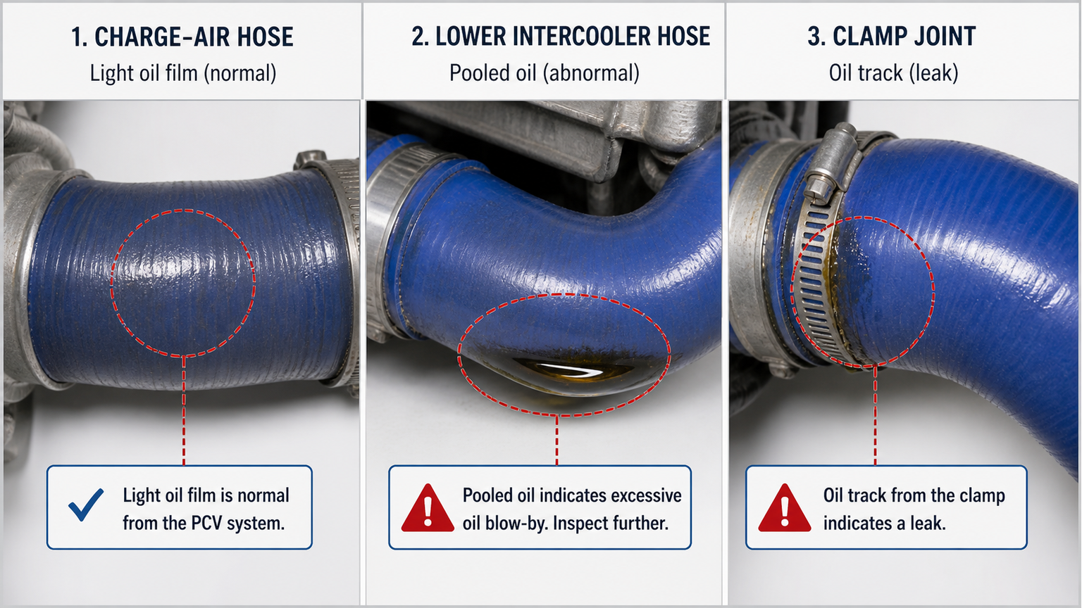 Inspectie van de intercooler waarbij een lichte oliefilm wordt vergeleken met opgehoopte olie en een lekkende slangverbinding