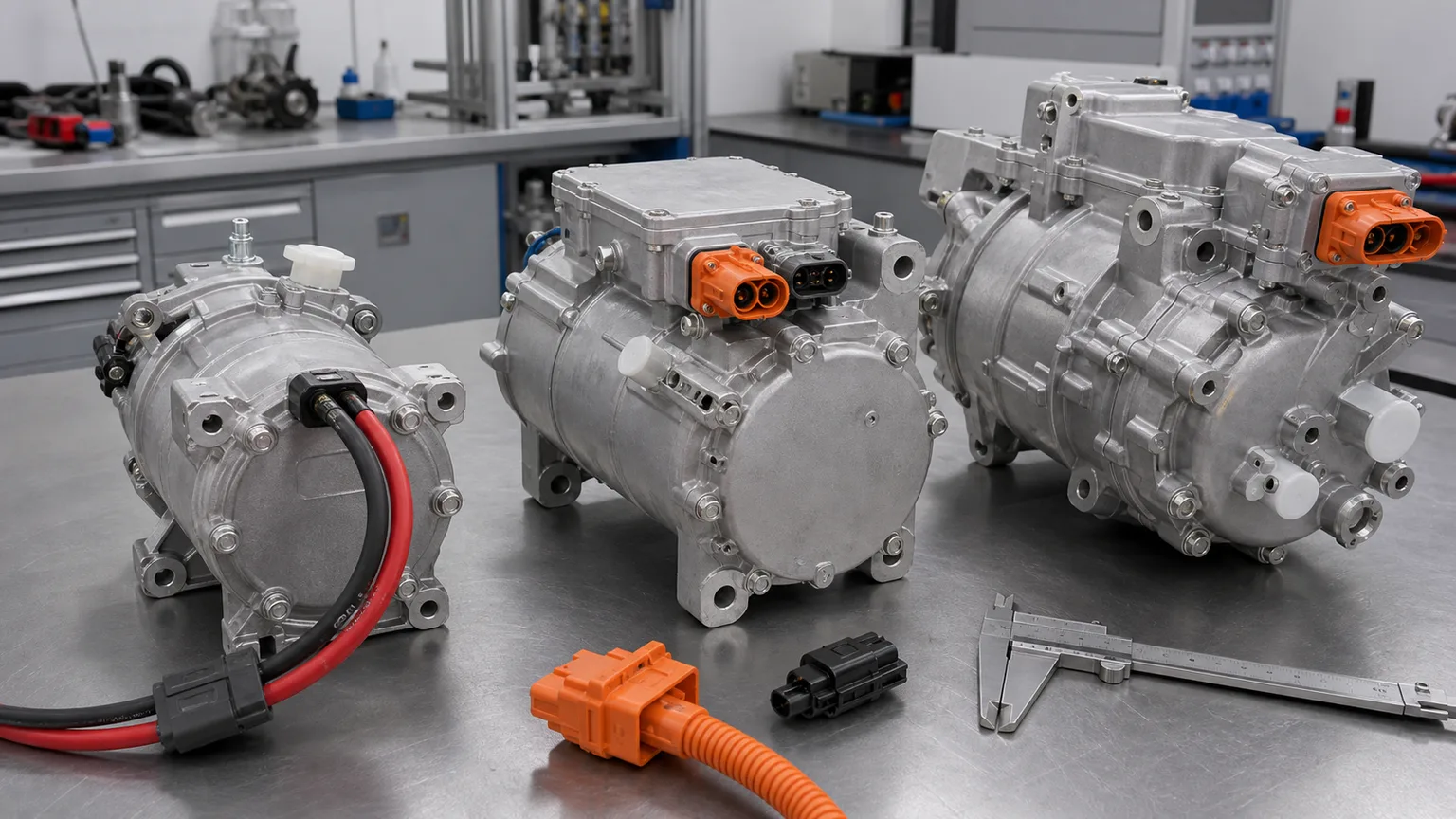 Low-voltage and high-voltage electric AC compressors compared on an engineering bench with distinct power connectors, control connectors, mounts and refrigerant ports