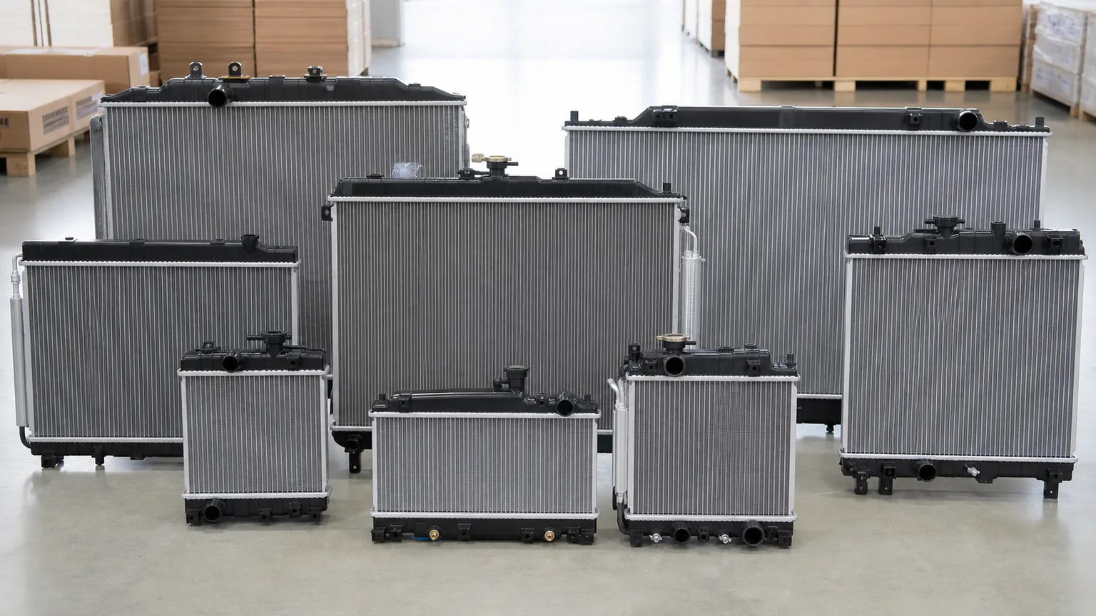 Automotive radiators for Japanese passenger cars, pickup trucks, and commercial vehicles arranged for importer inspection