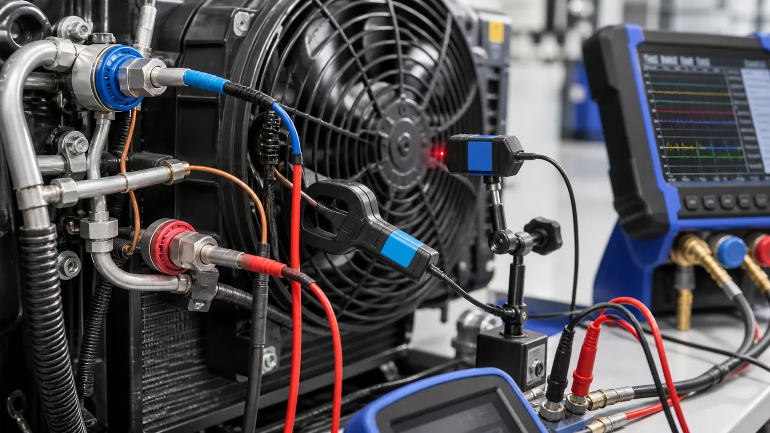 Close-up of high-side and low-side pressure sensors, temperature probes, current clamp, voltage leads, and fan speed measurement