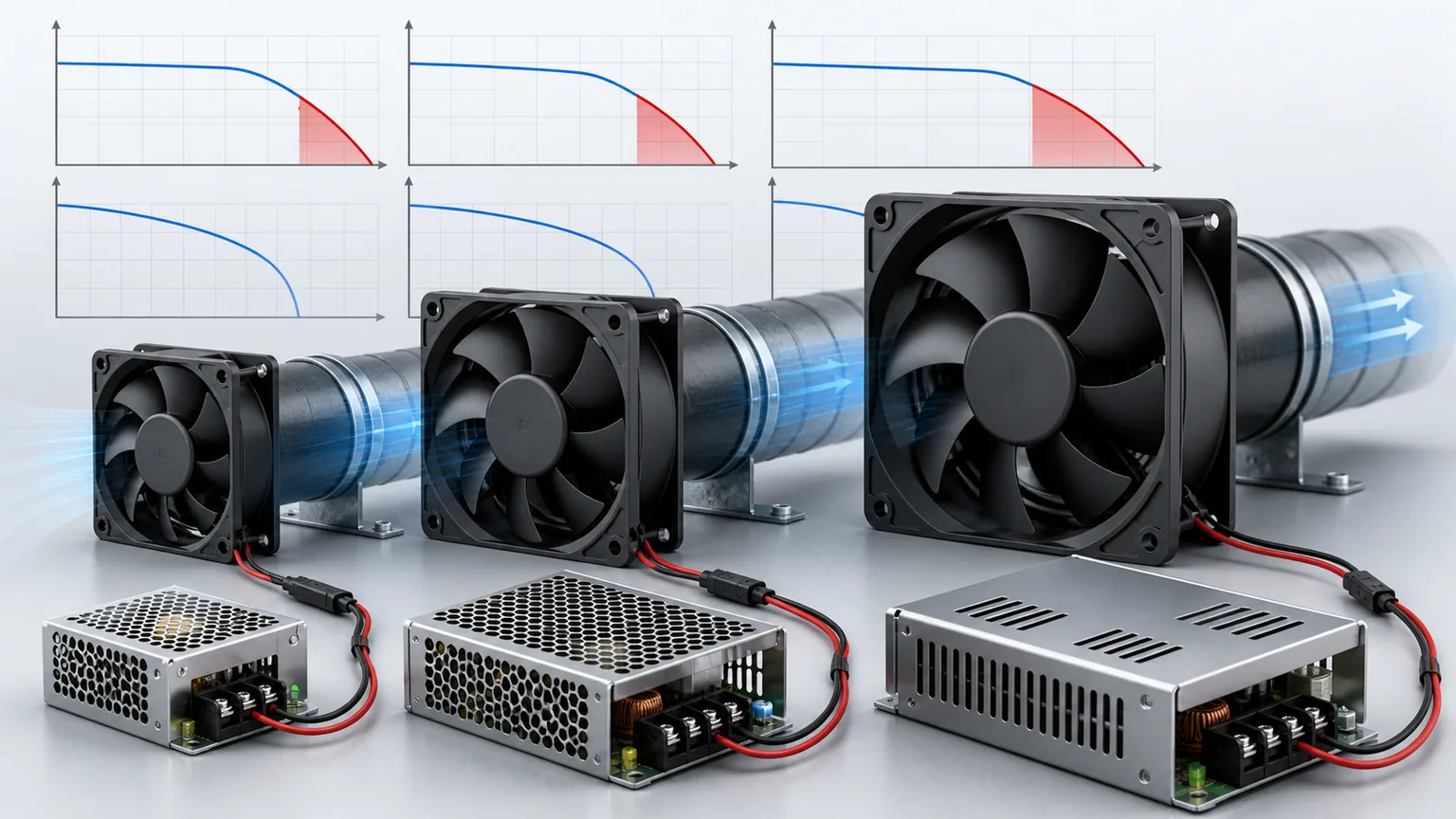 Technical chart comparing voltage, current, power, airflow, and static-pressure requirements for brushless cooling fans