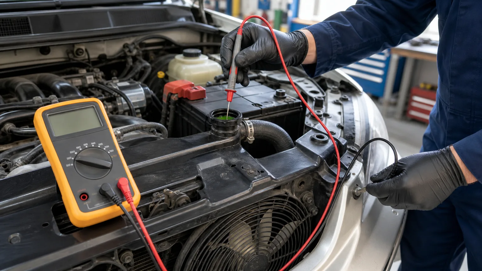 Digital multimeter coolant voltage test with reference lead at battery negative and probe isolated from radiator metal