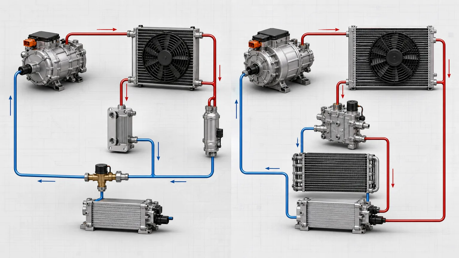Simplified technical schematic comparing R-744 gas-cooler and R-1234yf condenser heat-pump circuits