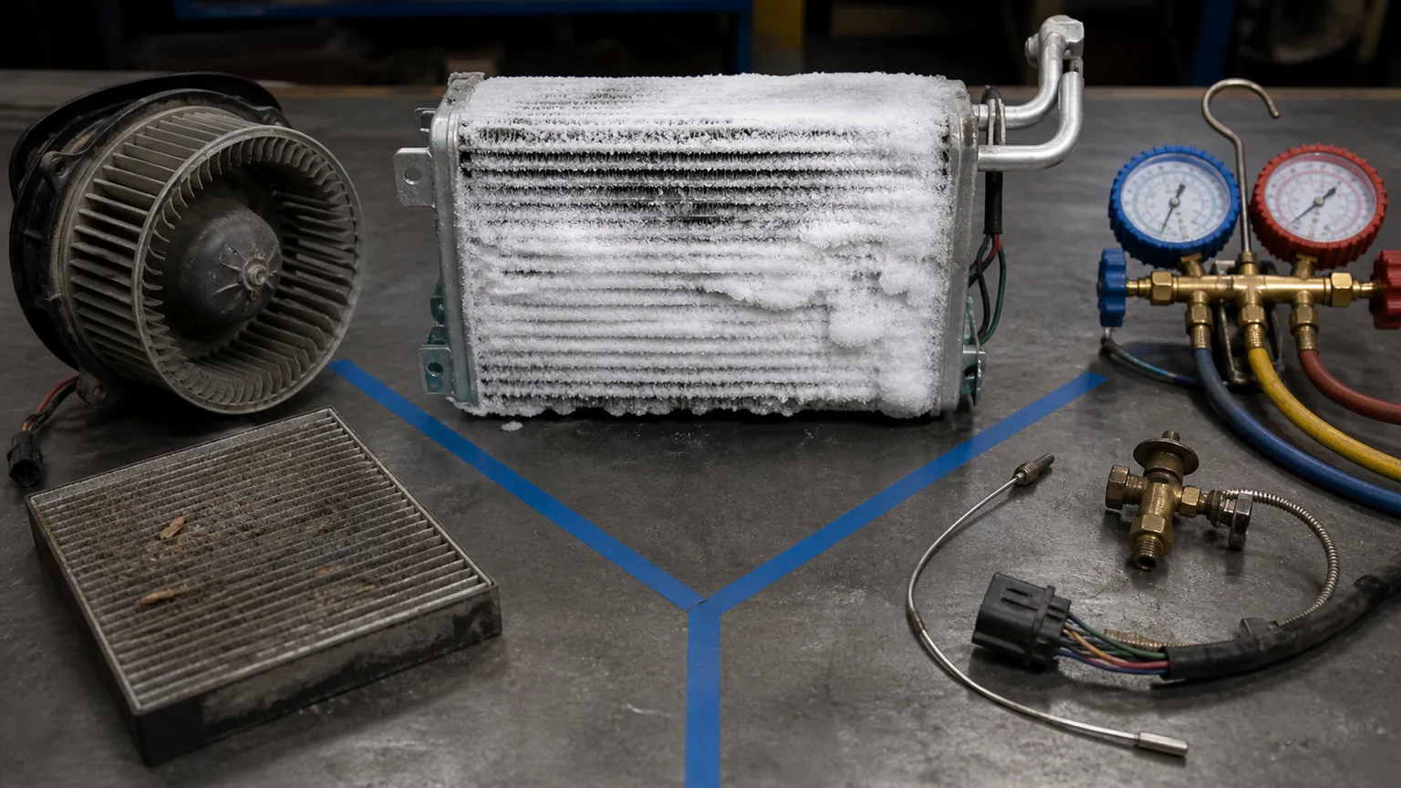 Off highway evaporator freeze up diagnostic tree with airflow refrigerant and sensor control branches