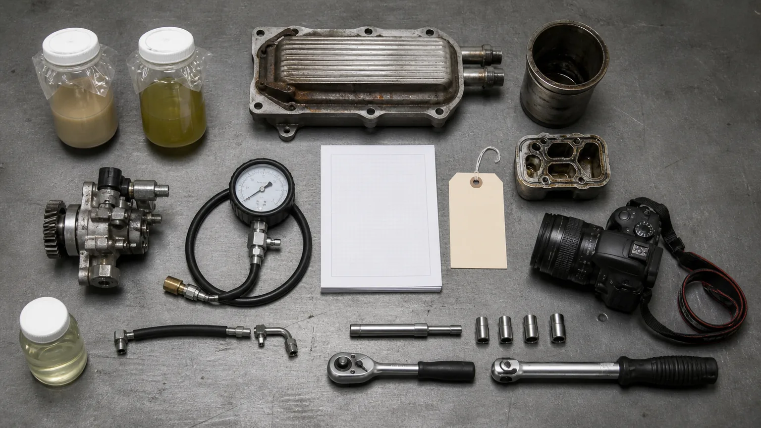 Diesel fuel in coolant evidence layout with sealed samples circuit diagram pressure tests OE labels and post flush validation