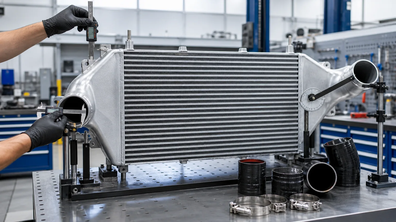 Truck charge air cooler measurement of core mounts inlet outlet diameter angle and clocking