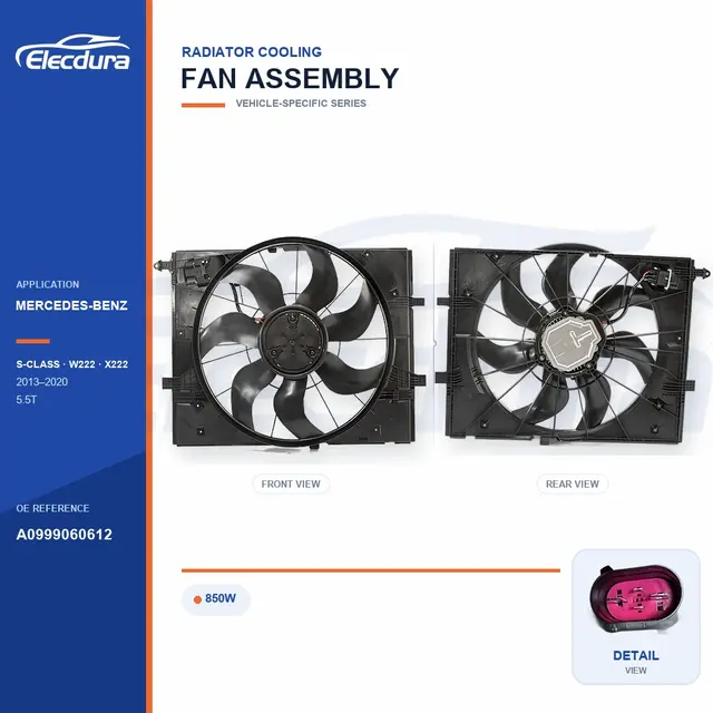 Radiator Cooling Fan Assembly for Mercedes-Benz W222 / X222 850W A0999060612 Bulk Supply