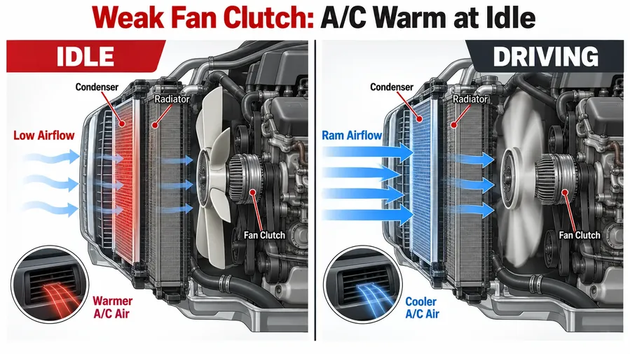 Weak fan clutch causing A/C to blow warm at idle because of low condenser airflow