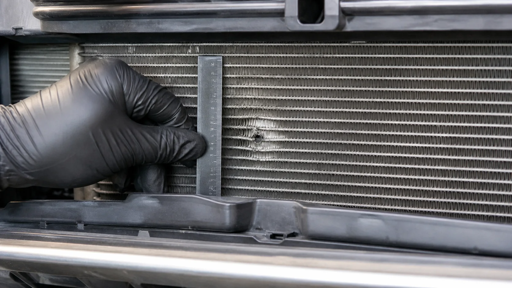Stone impact damage on an A/C condenser documented with a scale