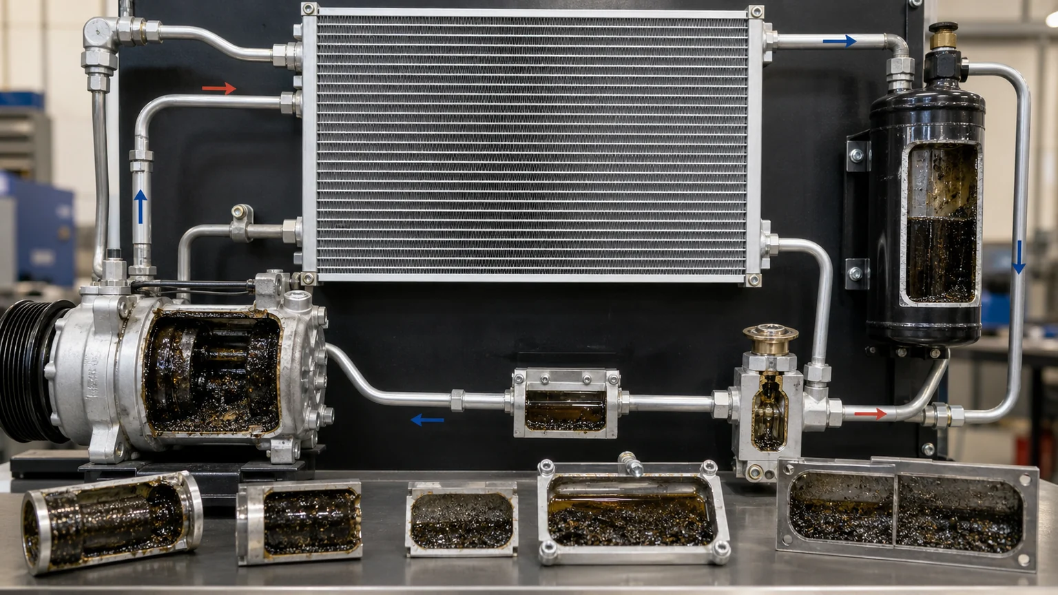 Automotive AC circuit showing compressor debris contamination through condenser drier and metering device