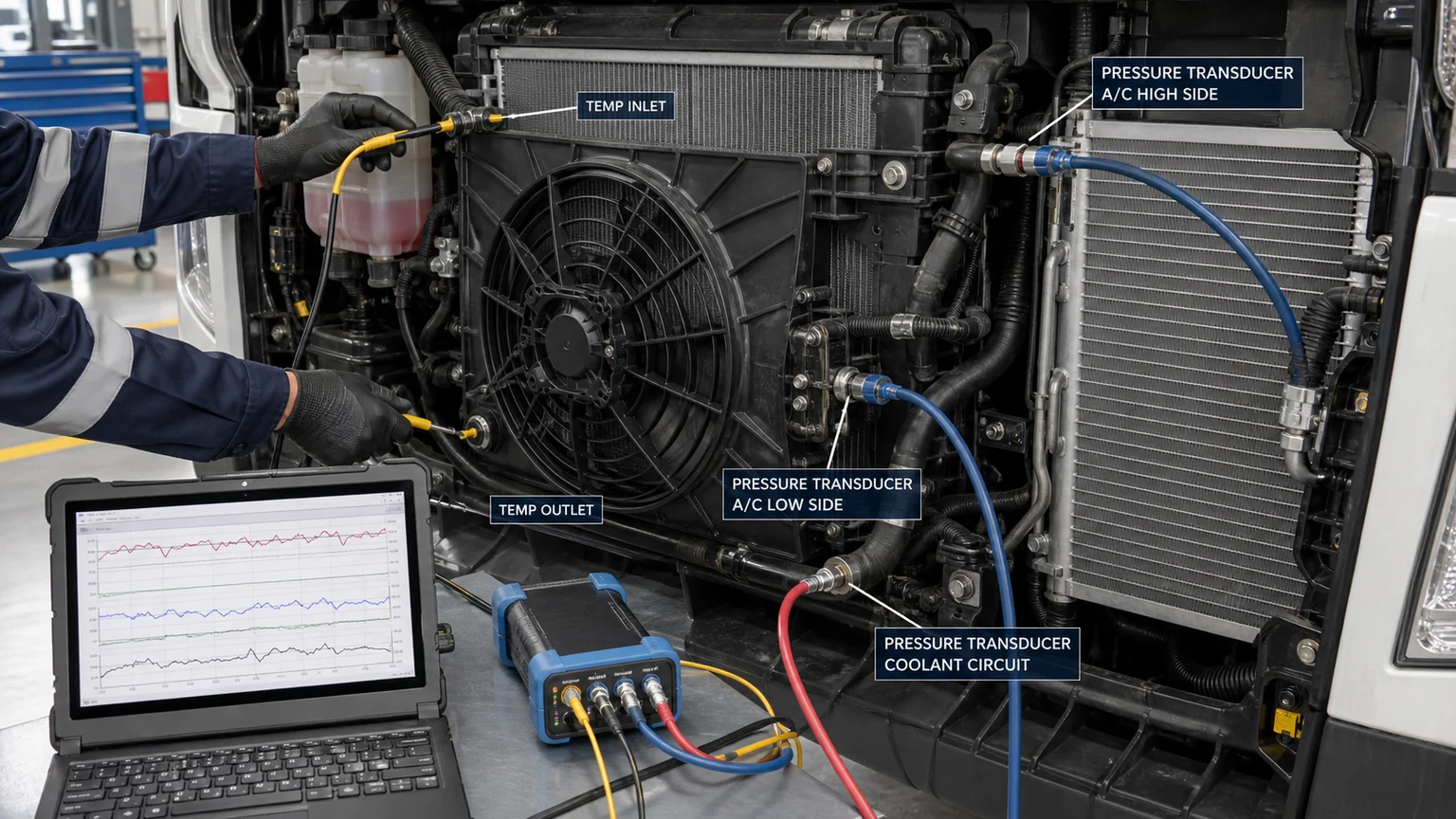 Cooling-system measurement map with inlet and outlet temperature and pressure sensors