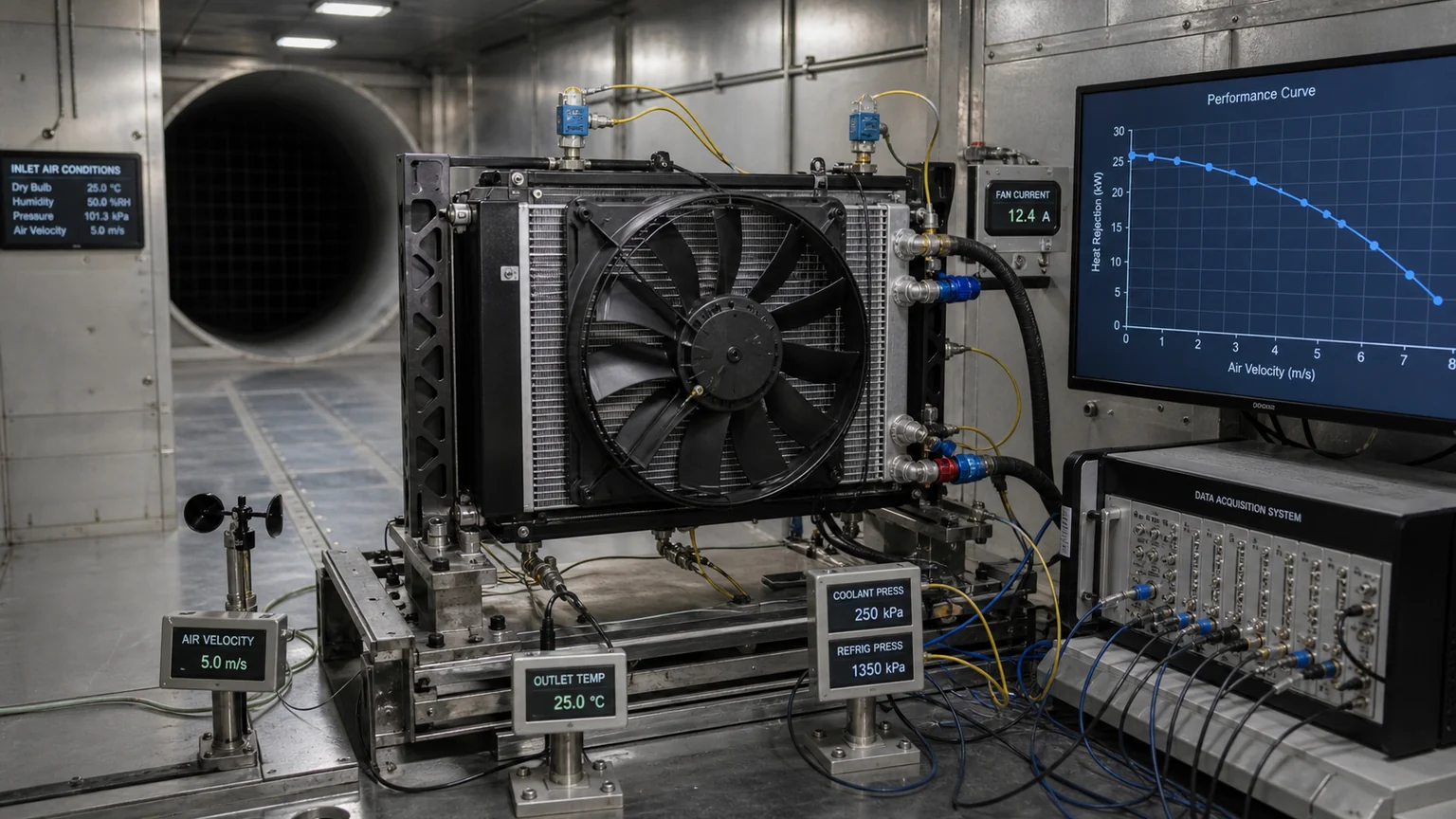 Radiator condenser fan module tested at a defined thermal operating point