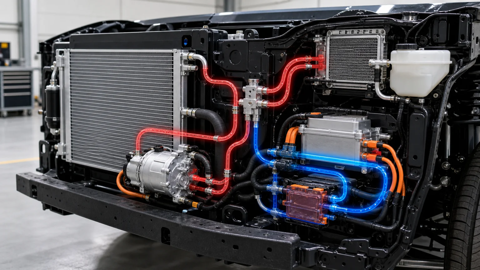 EV heat-pump and PTC heating architecture with compressor, coolant heater and heat exchangers