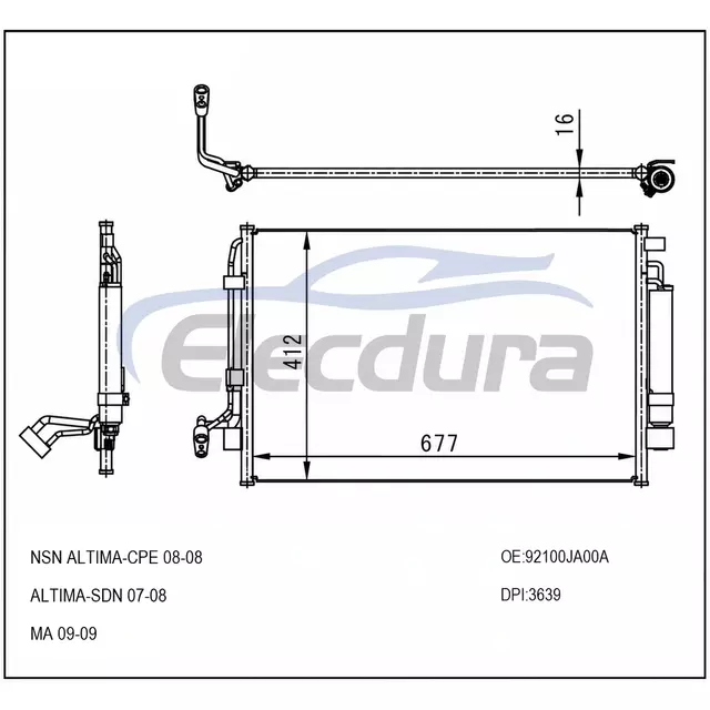 921103Y100 Nissan Maxima 2000–2001 A/C-Kondensator, 12 mm Kern