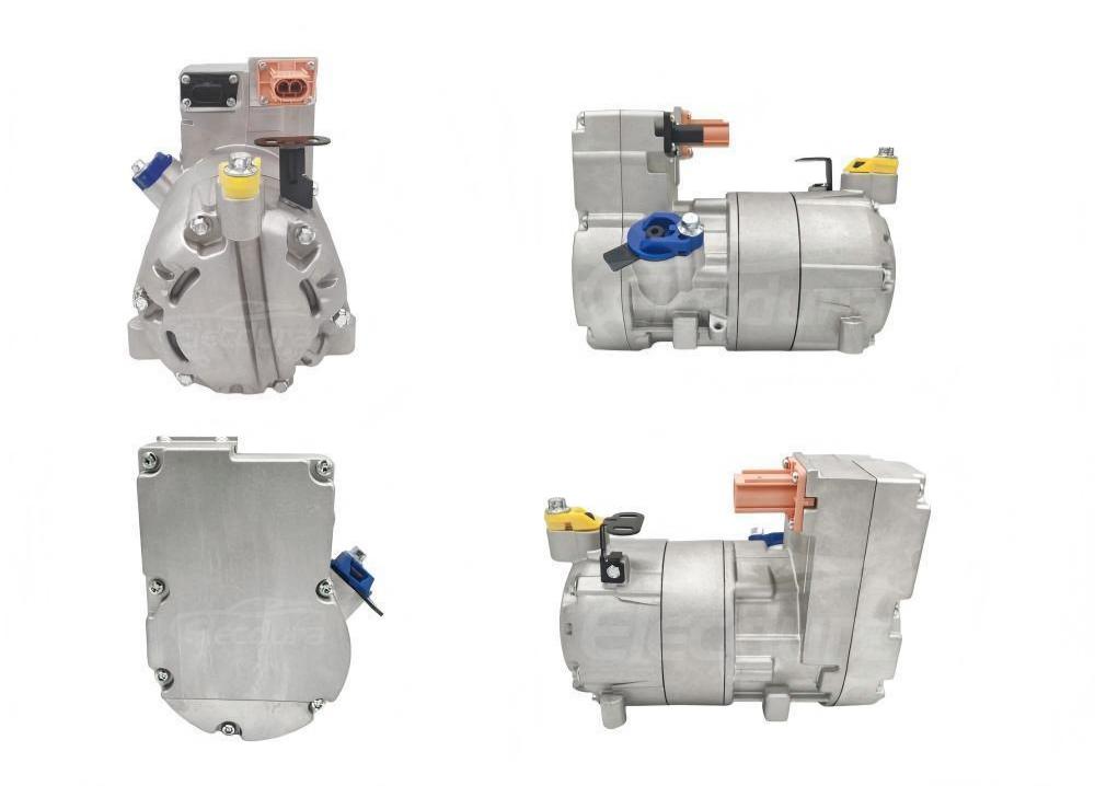 High-voltage electric A/C compressor shown from multiple angles for EV/hybrid fitment confirmation