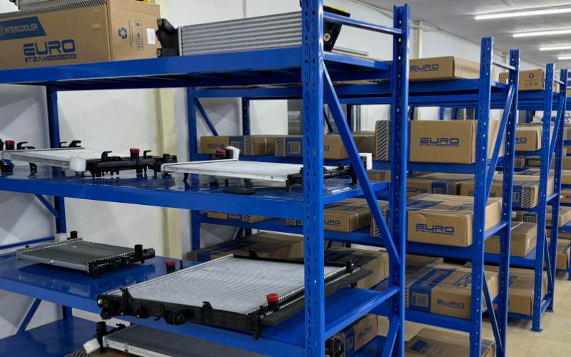 Radiator inventory shelving at wholesale radiator supplier warehouse