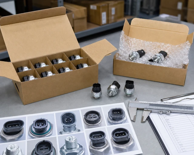 Batch quality check for A/C pressure switches with connector photos and carton packaging