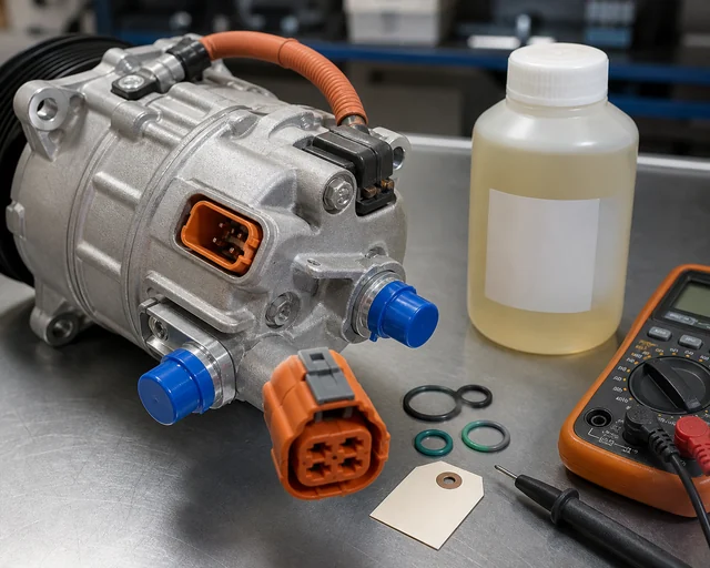 Electric AC compressor connector and POE oil compatibility check on diagnostic bench