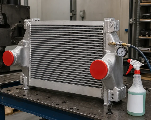 Heavy-duty truck charge air cooler pressure test with capped inlet and outlet