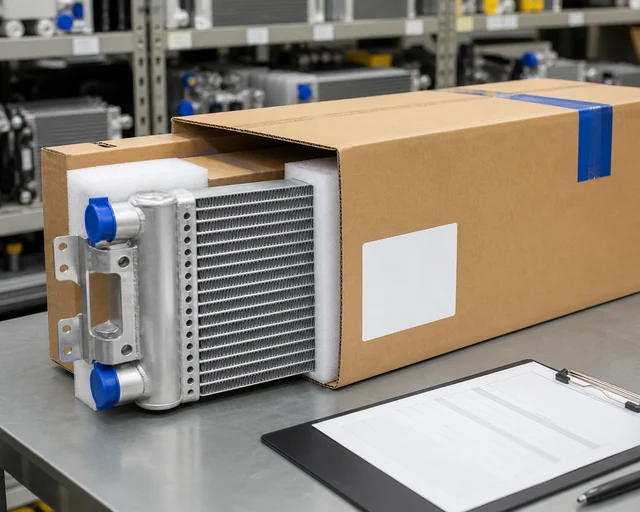 Hydraulic oil cooler export packaging with foam protection and capped oil ports