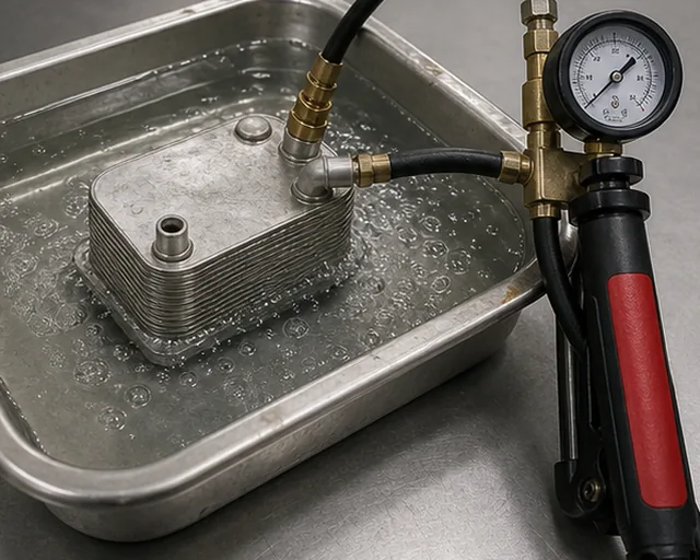 Engine oil cooler pressure test in water tray for confirming internal leakage before ordering parts