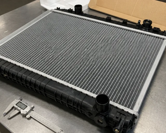 Toyota style radiator core inspection with packaging and measurement tools for aftermarket sourcing