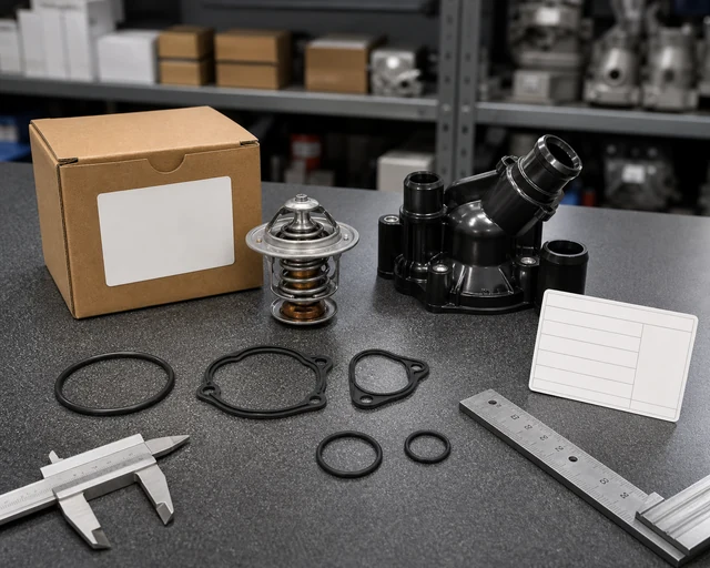 Thermostat fitment package with housing, seals, caliper, and blank application card