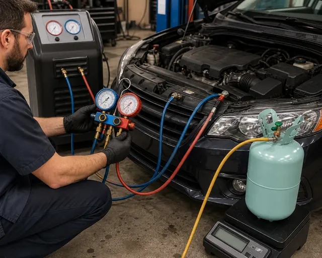 Technician using a refrigerant scale and manifold gauges while checking AC overcharge and high low-side pressure