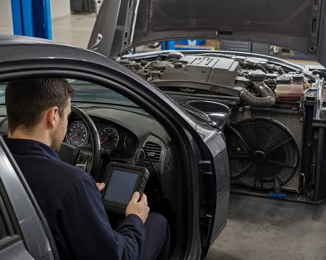 Technician checking coolant temperature data with a scan tool while diagnosing a radiator fan that runs constantly