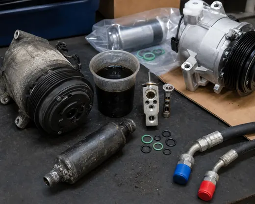 Failed AC compressor with dark contaminated oil drier expansion valve O-rings and clean replacement compressor