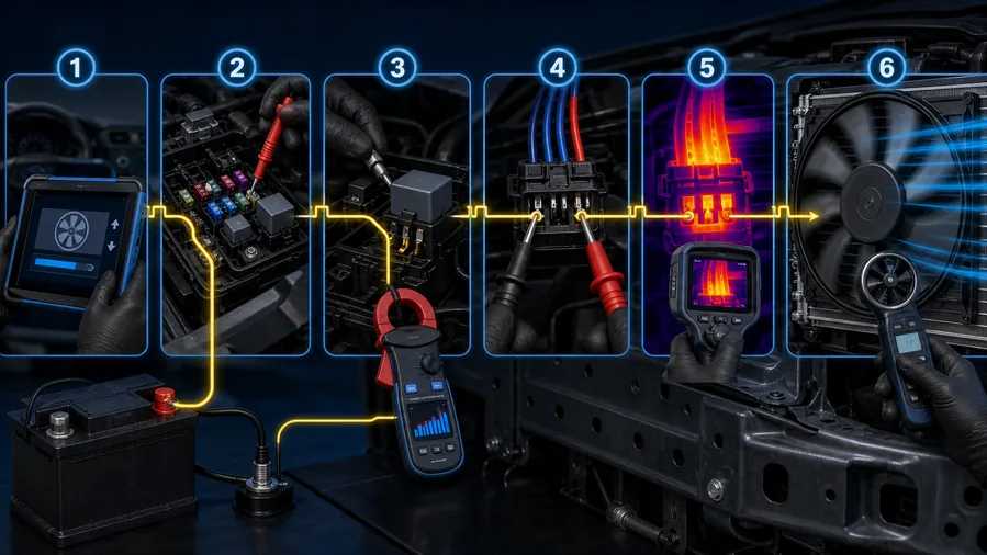 Loaded condenser fan electrical test showing command voltage drop current clamp connector and airflow measurement points