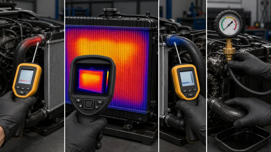 Radiator thermal scan comparison showing normal gradient external airflow blockage and internal cold tube bands