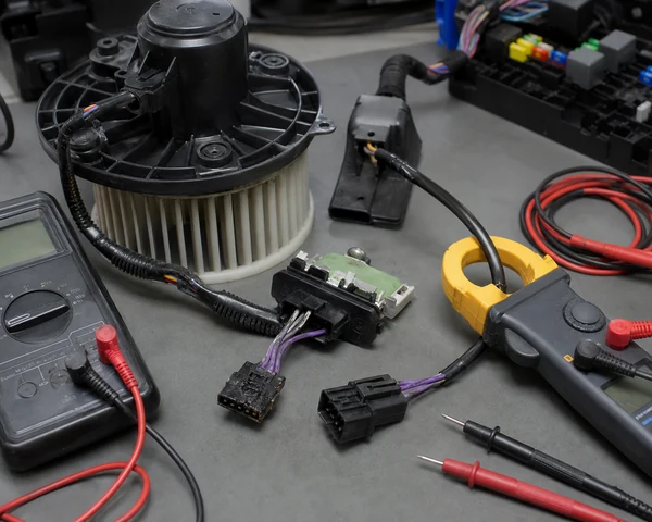 Blower motor current draw test setup with resistor module connector and diagnostic meters