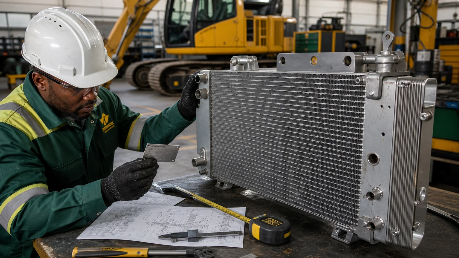 Protected excavator oil coolers with capped ports, vertical packaging, traceability labels and receiving inspection