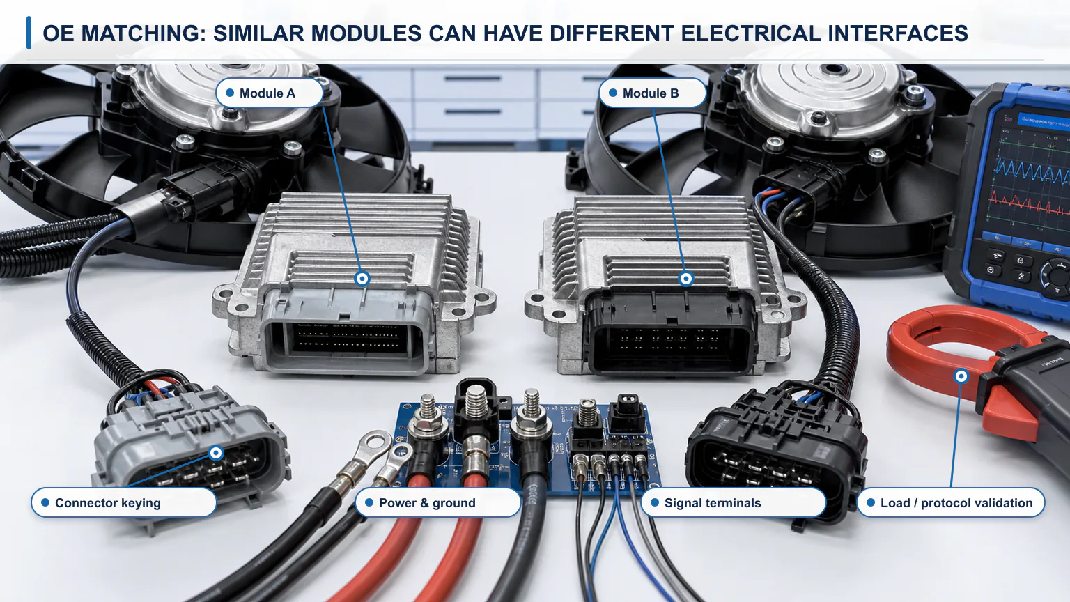 Radiator fan control module OE matching checklist covering part identity, connector, protocol, load, motor variant and post-install action