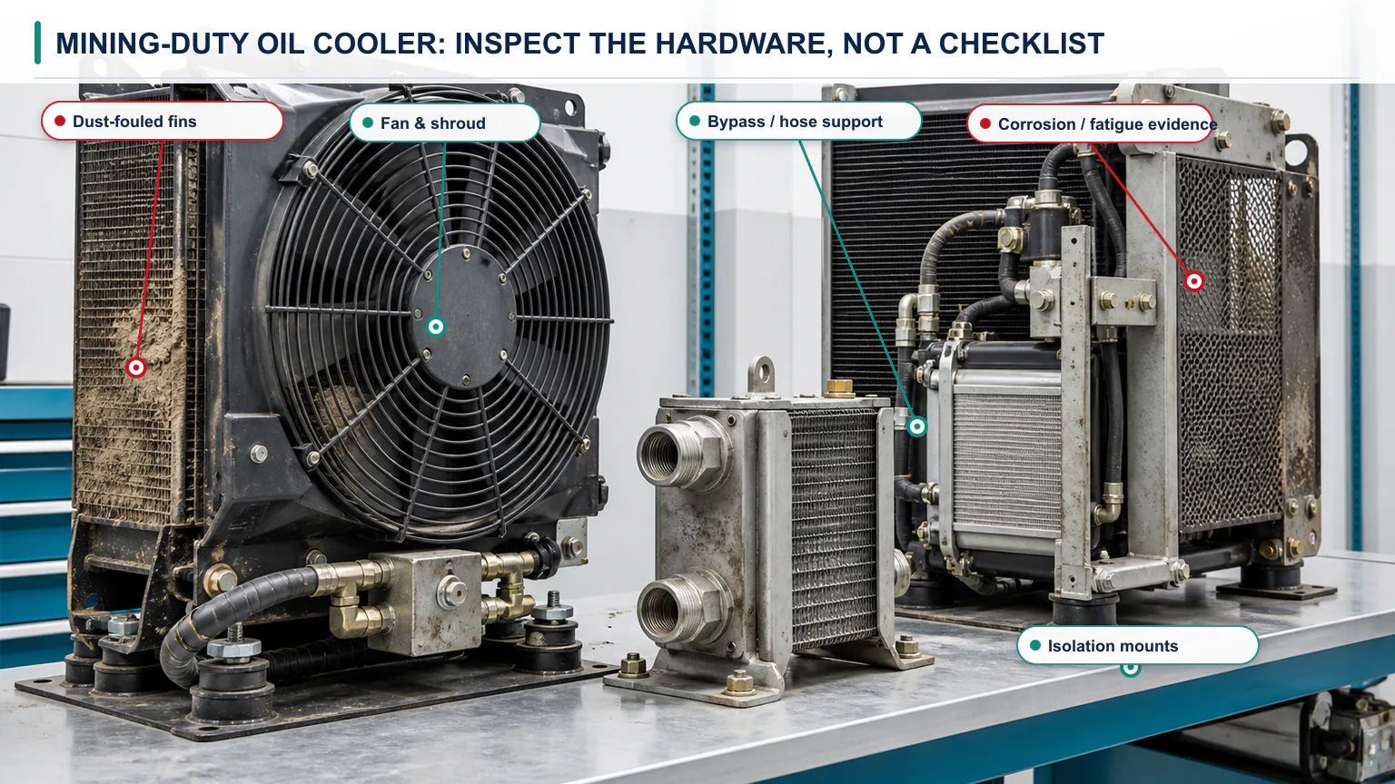 Mining hydraulic oil cooler risk controls for debris, vibration, corrosion and cold-start bypass