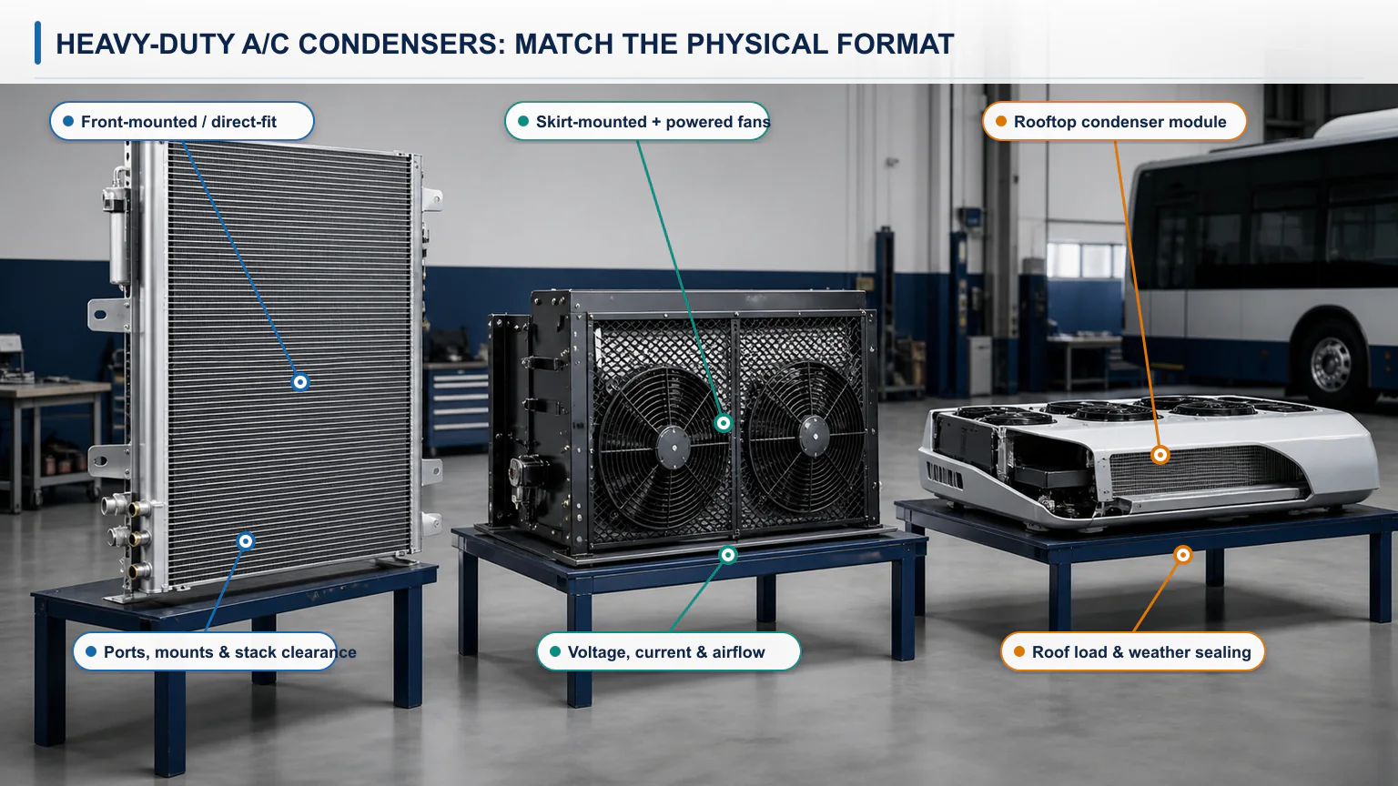 Physical comparison of a front-mounted truck AC condenser, powered skirt condenser and rooftop bus condenser