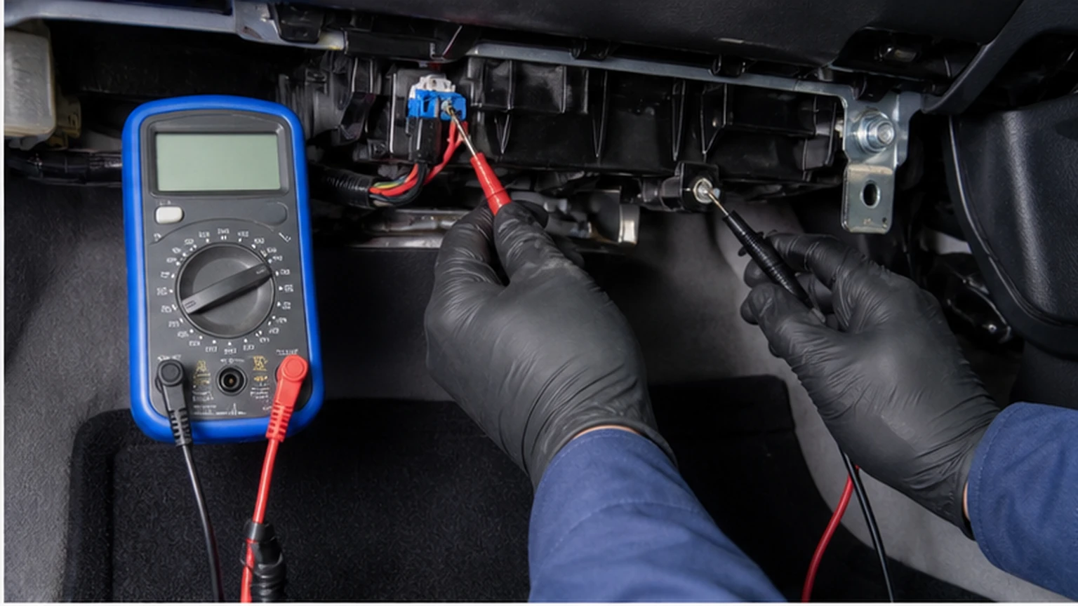 Digital multimeter probes measuring loaded voltage drop at an automotive HVAC blower motor connector