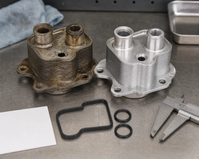 Mitsubishi-style engine oil cooler old and replacement part comparison