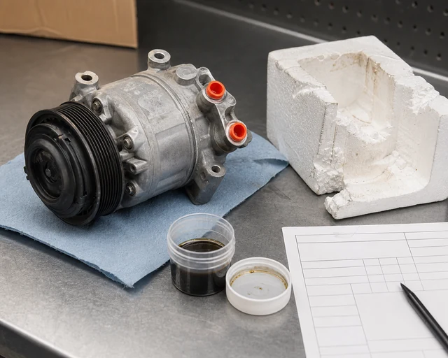 A/C compressor warranty return inspection with oil sample and packaging evidence
