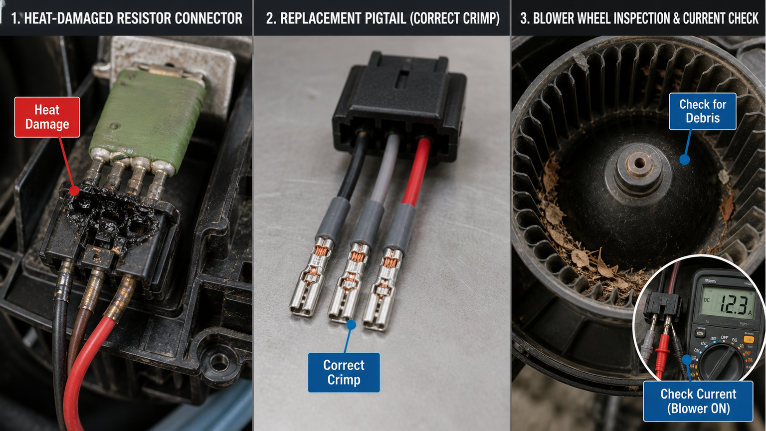 HVAC blower connector heat damage inspection with terminal pigtail motor and airflow checks