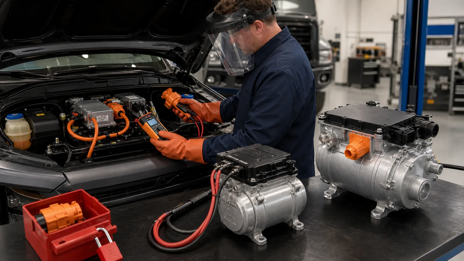 Qualified technician verifying a disconnected orange high-voltage compressor circuit while sealed low-voltage and high-voltage electric scroll compressors sit on the adjacent bench