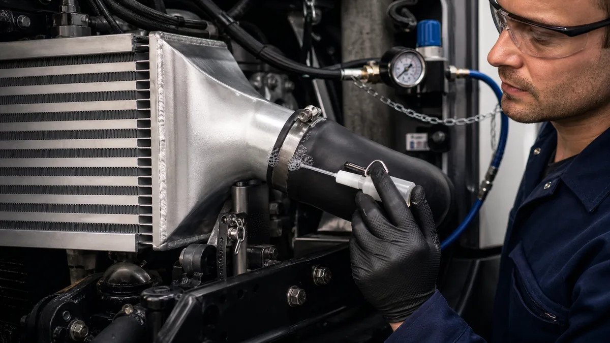 Technician localizing a charge air cooler hose joint and tank seam leak with secured regulated test equipment