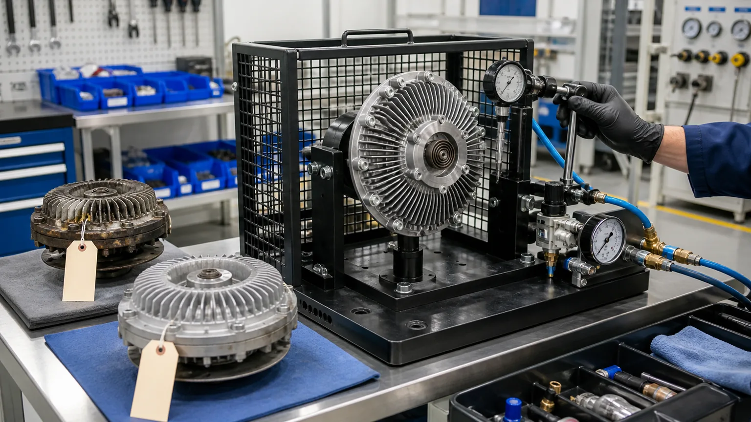 Heavy duty fan clutch inspection for runout bearing play air leakage engagement and reman core condition