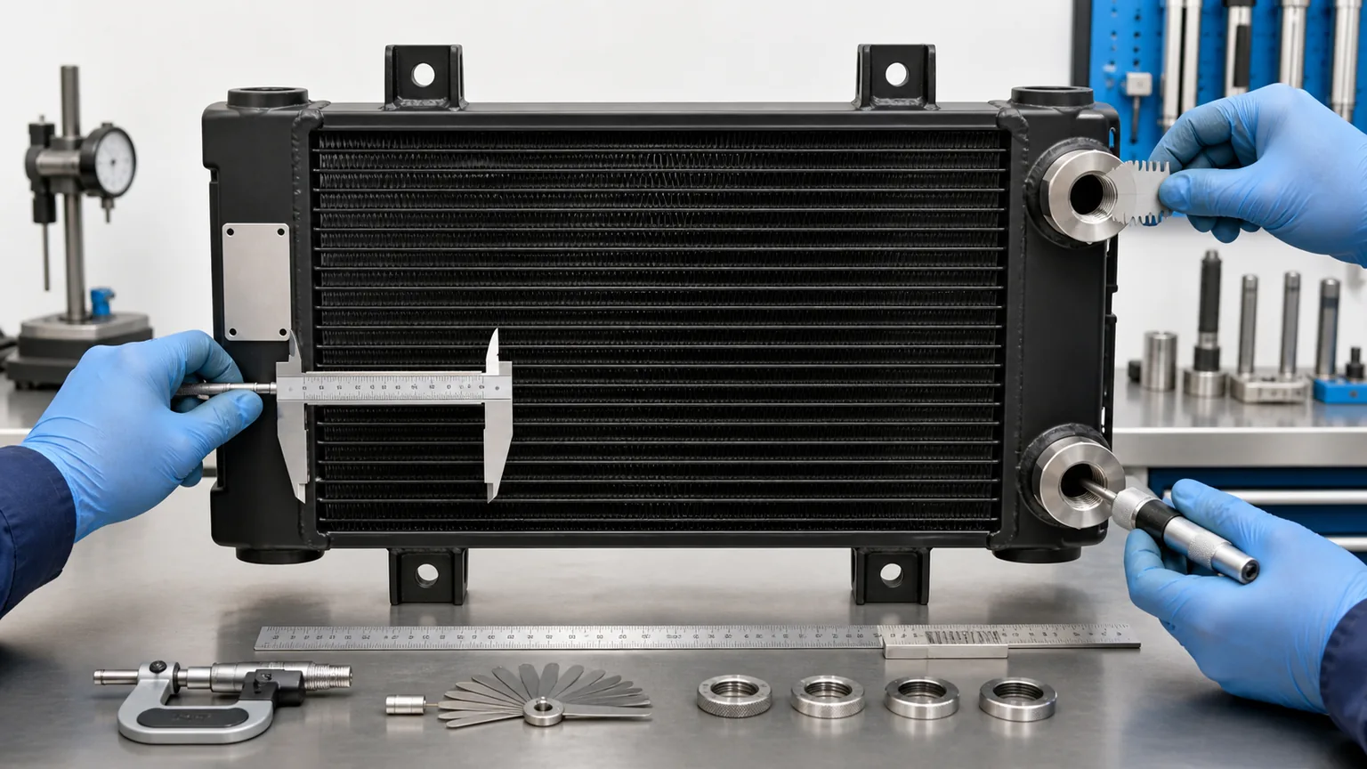 Measurement of hydraulic oil cooler port thread seat mount spacing and core dimensions