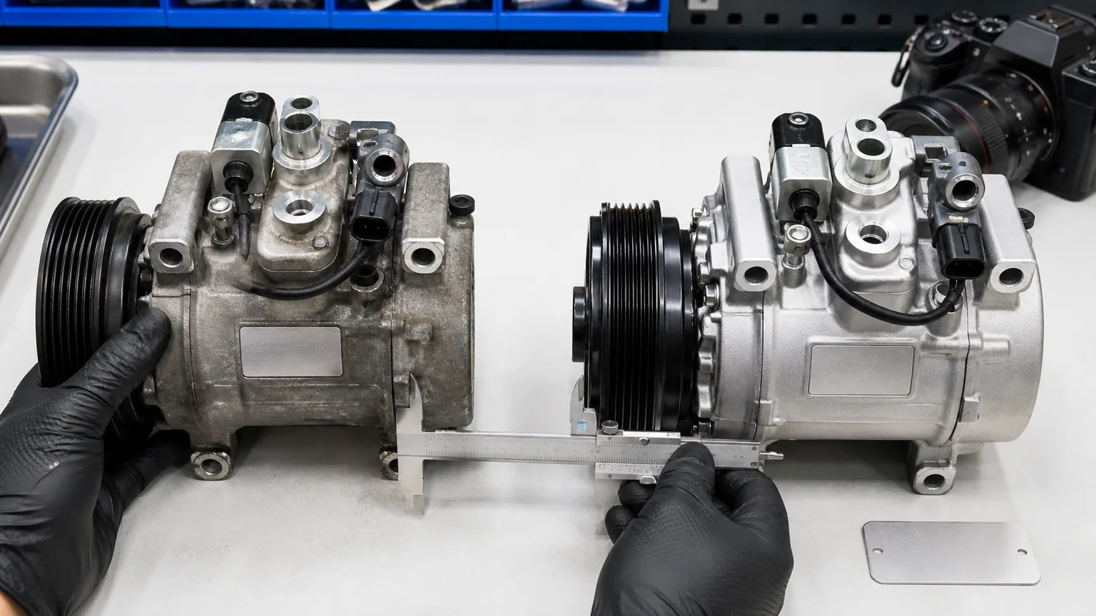 Technician matching automotive AC compressor label, pulley, clutch, mounting ears, ports, control valve, and connectors